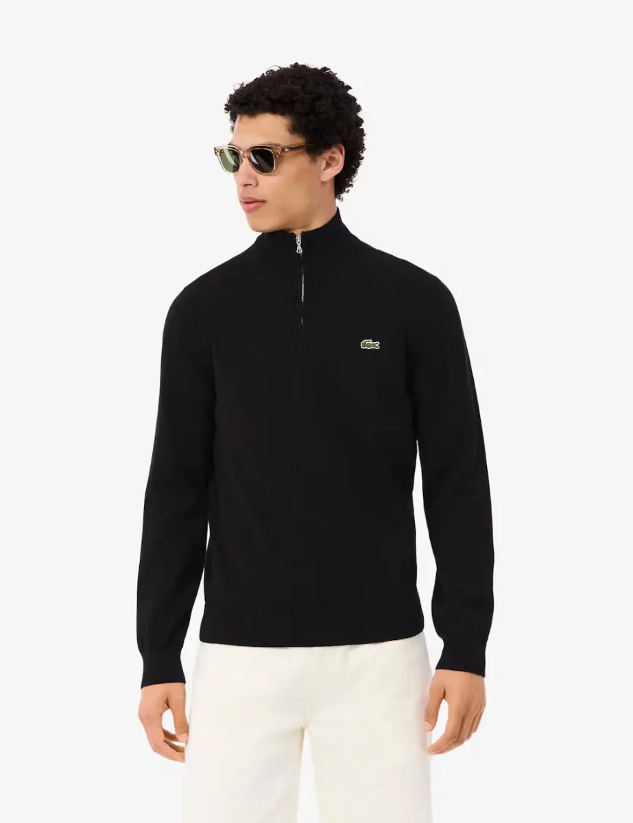 Lacoste Mens Zipped High Neck Cotton Sweater | Black 