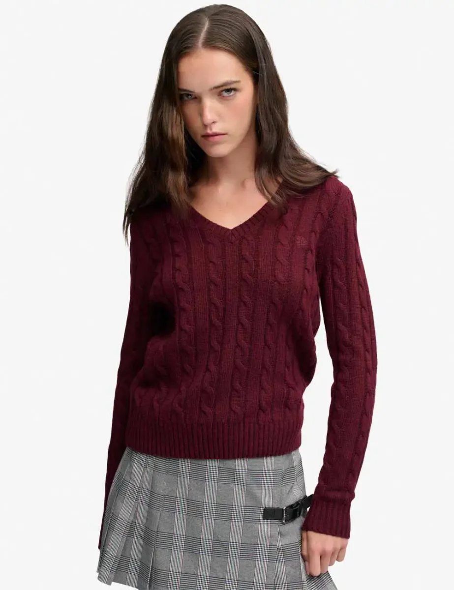 Picture of Superdry Womens Wool Blend Cable Knit V-Neck Jumper / Port 
