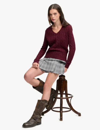 Picture of Superdry Womens Wool Blend Cable Knit V-Neck Jumper / Port 