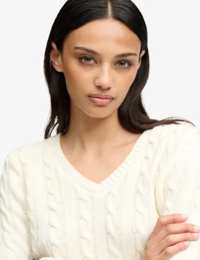 Picture of Superdry Womens Wool Blend Cable Knit V-Neck Jumper / Cream