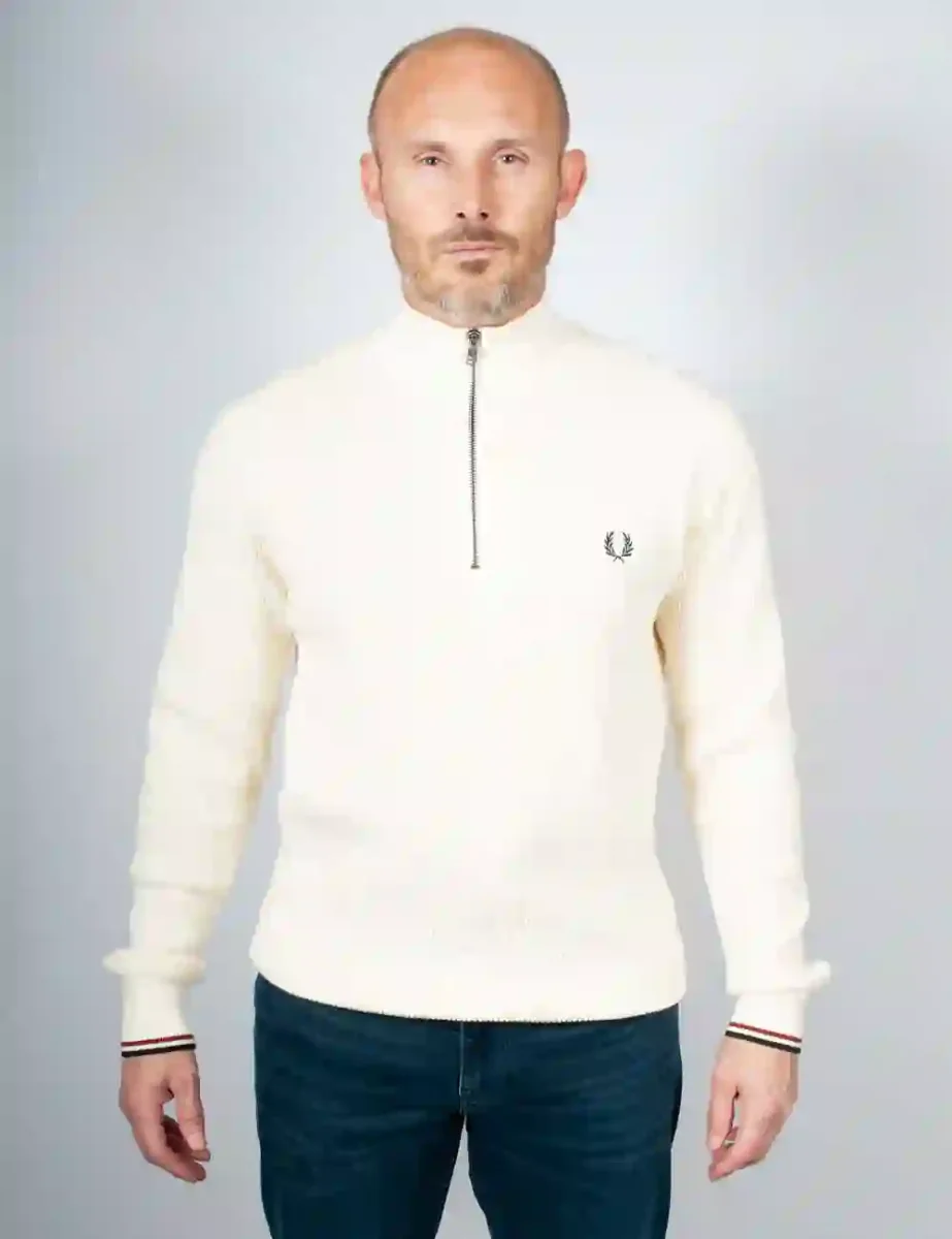 Fred Perry Mens Waffle Stitch Half Zip Jumper | Ecru