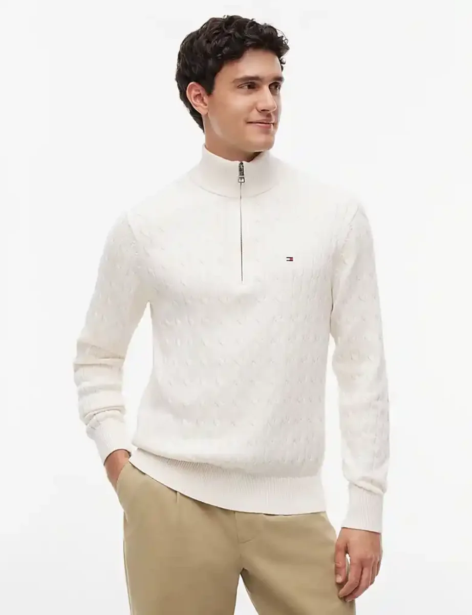 Tommy Hilfiger Cable Knit Quarter-Zip Jumper | Ivory Petal
