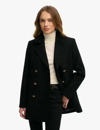 Superdry Womens Double Breasted Pea Coat | Black