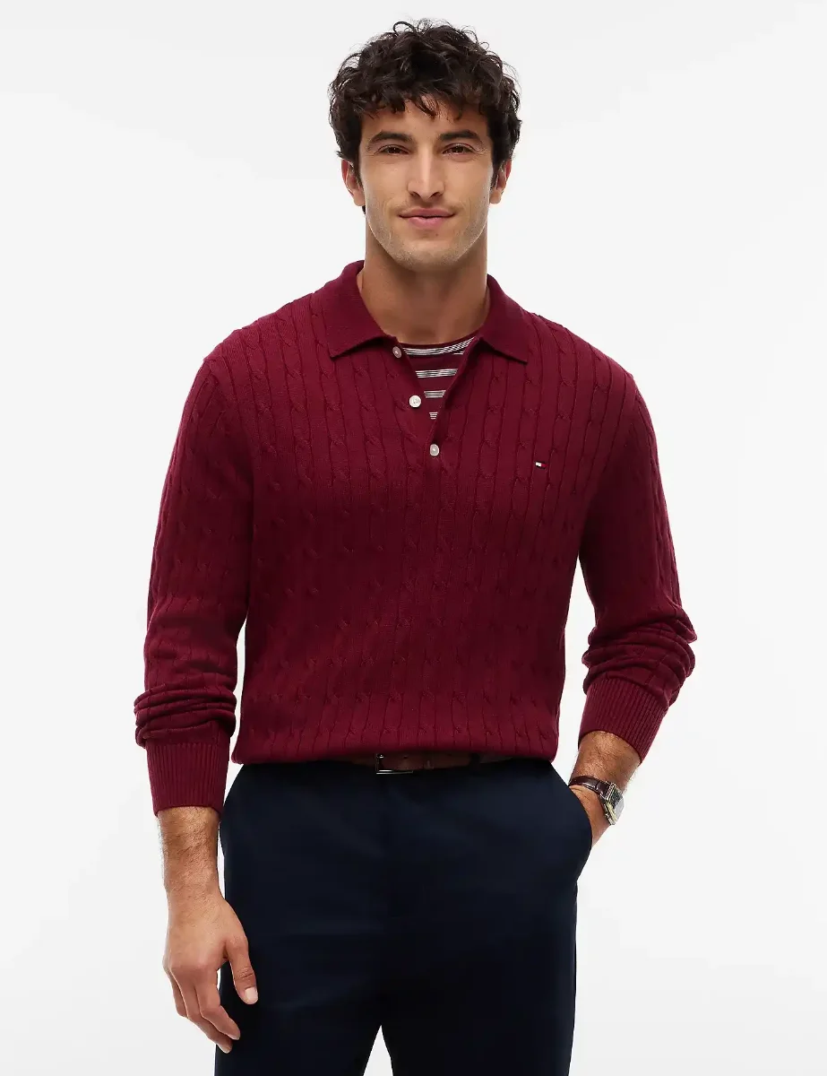 Tommy Hilfiger Cable Knit Polo Jumper | Burgundy
