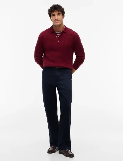 Tommy Hilfiger Cable Knit Polo Jumper | Burgundy
